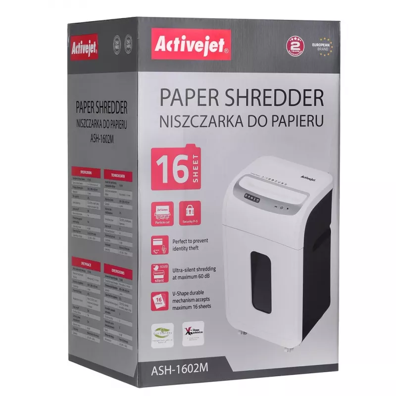 Distruggidocumenti Activejet ASH-1602M, P-5, 28 l, taglio a frammenti 2x14 mm, bianco