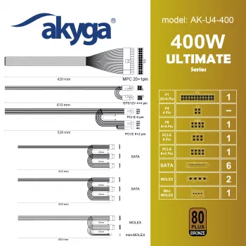 Alimentatore ATX Akyga AK-U4-400 Ultimate 400 W, 80 PLUS Bronze, PFC attivo, ventola 120 mm