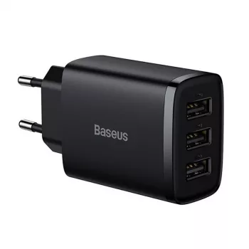 Baseus Caricabatterie rapido compatto, 3x USB, 17 W (Nero)