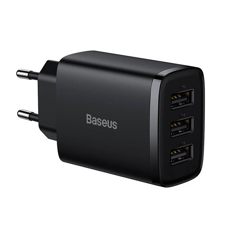 Baseus Caricabatterie rapido compatto, 3x USB, 17 W (Nero)