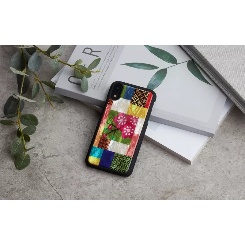 Custodia per cellulare iKins per iPhone XR — motivo fiori di ciliegio, nero