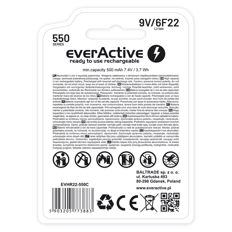 Batteria ricaricabile everActive 6F22/9V Li-ion 550 mAh con USB TYPE C