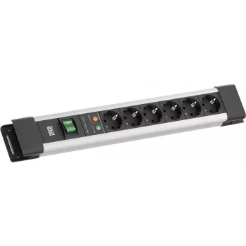 Ciabatta Bachmann CONNECTUS con 6x prese CEE7/3, 1x protezione sovratensione SPD, 1x interruttore, cavo 2,0 m, connettore maschio CEE7/7, grigio