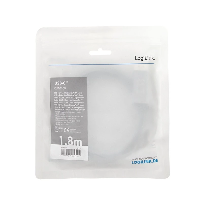 LogiLink CUA0100 Adattatore cavo DisplayPort USB 3.2 Gen1 Type-C 1,8m nero grigio