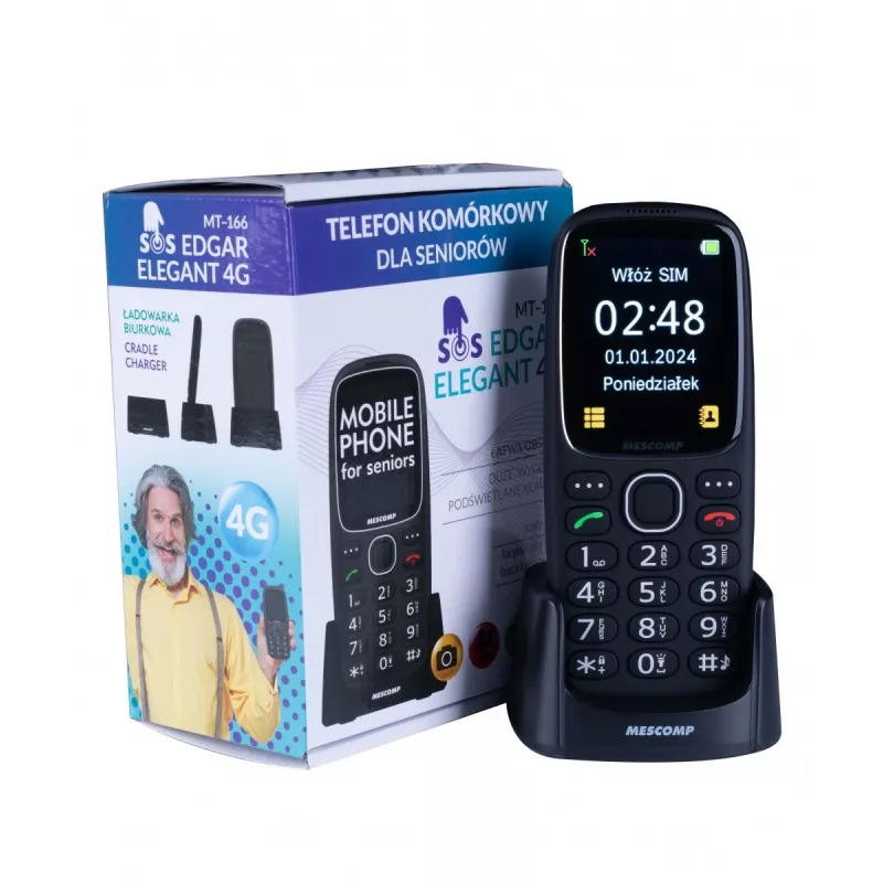 Telefono cellulare Mescomp MT-166 Edgar, elegante, per anziani, 4G, nero
