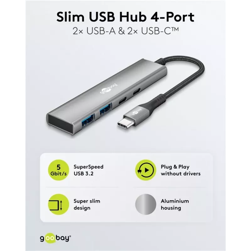 Hub USB slim 4 porte Goobay USB-C a/USB-A 5 Gbit/s - connettore maschio USB 3.2 (76563)
