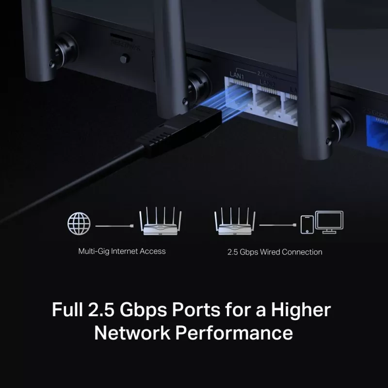 Router da tavolo MERCUSYS MR47BE — tri-band Wi-Fi 7 (2,4/5/6 GHz), 9300 Mbit/s, 3× RJ-45, 2,5GbE, 6 antenne esterne