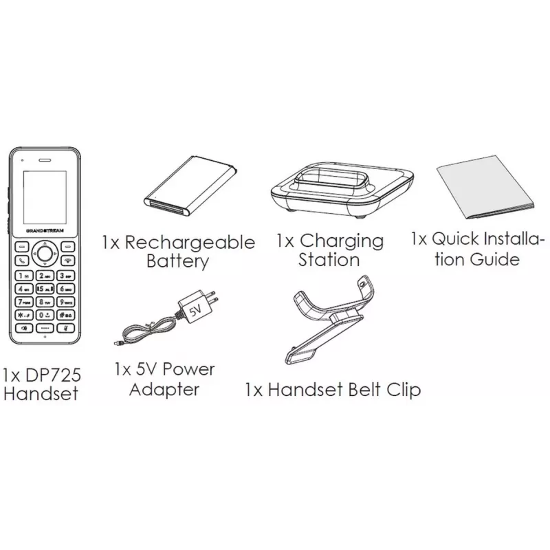 Grandstream DP725 portatile cordless DECT HD, display TFT a colori da 1,8 pollici, 20 account/linee SIP, push-to-talk, grigio
