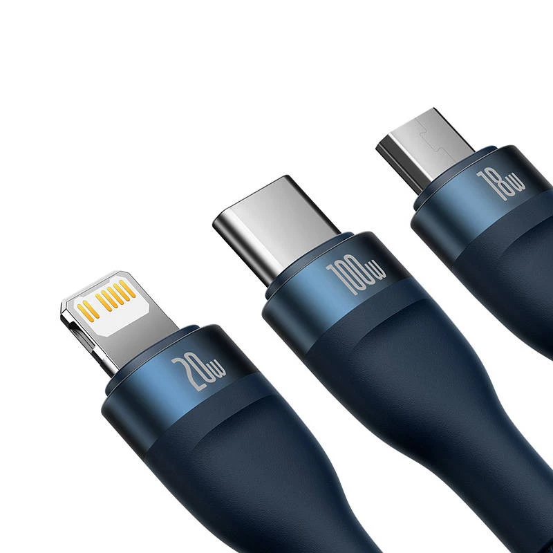 Cavo USB 3in1 Baseus Flash Series 2, USB-C + Micro-USB + Lightning, 100 W, 1,5 m (blu)