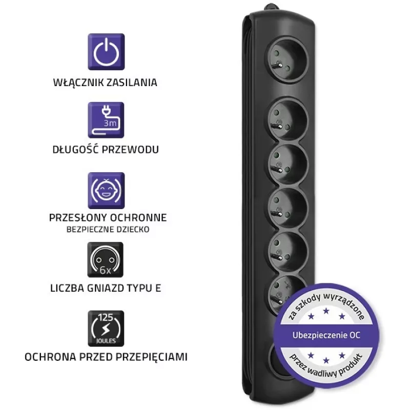 Protezione da sovratensione Qoltec 50112 nero 6 prese AC 230V 3m