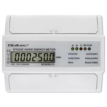 Contatore elettronico bidirezionale trifase Qoltec | Contatore di consumo energetico per guida DIN | 400V | 100A | LCD | 4P