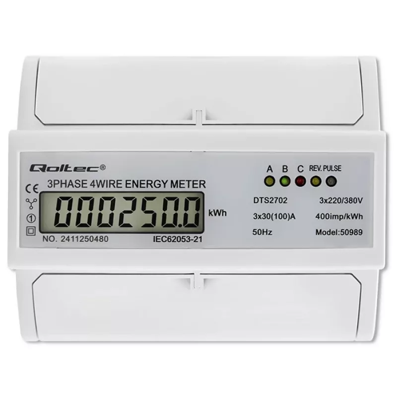 Contatore elettronico bidirezionale trifase Qoltec | Contatore di consumo energetico per guida DIN | 400V | 100A | LCD | 4P