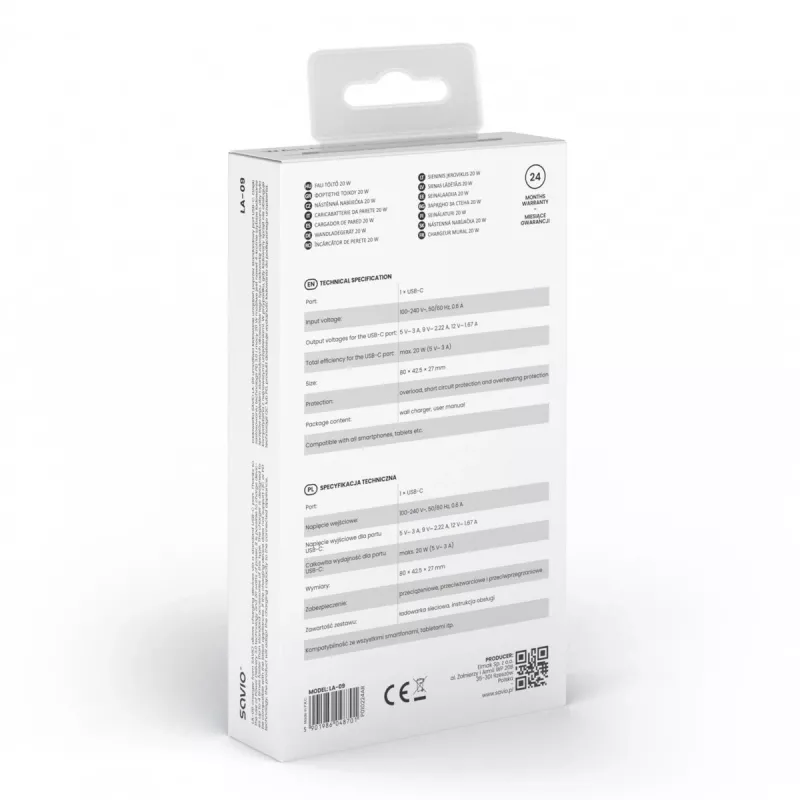 Caricabatterie da parete 20W LA-09 USB-C QC, PD 3.0 Savio SAVLA-09