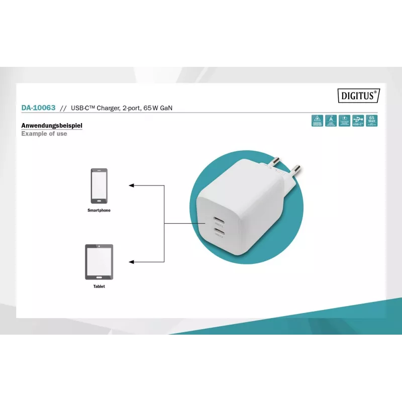 Caricabatterie Digitus USB-C. 2 porte. 65W GaN