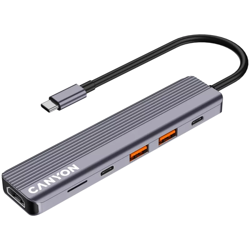 Hub USB Type-C CANYON DS-17 — HDMI, USB 3.2 Gen 1 A, USB-C, MicroSD, 10000 Mbit/s, grigio