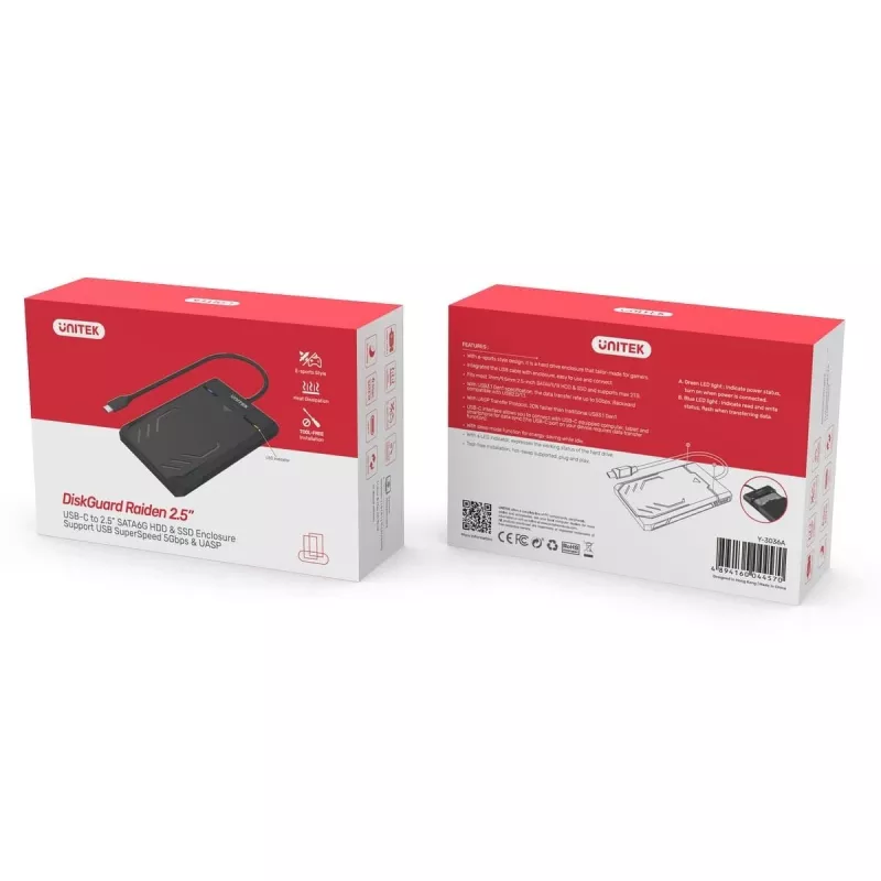 Unitek Y-3036A - DiskGuard Raiden 2.5 case per HDD/SSD USB-C a SATA III 2,5 pollici