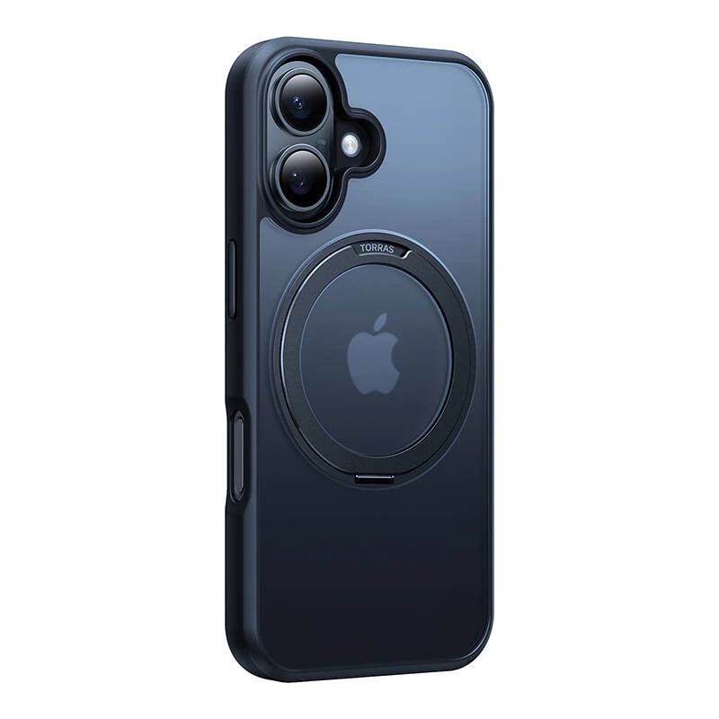 Custodia protettiva per smartphone Torras Ostand Pro per iPhone 16 — nero, design sottile e antiurto