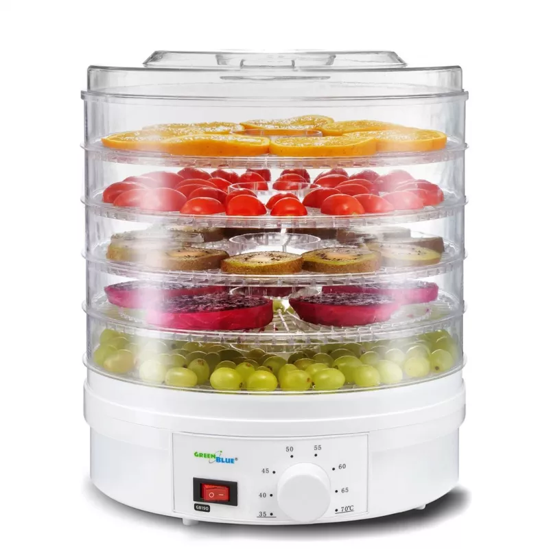GreenBlue GB190 essiccatore per funghi, verdure e frutta, 5 vassoi, 250 W, temperatura regolabile 35–70 °C, bianco