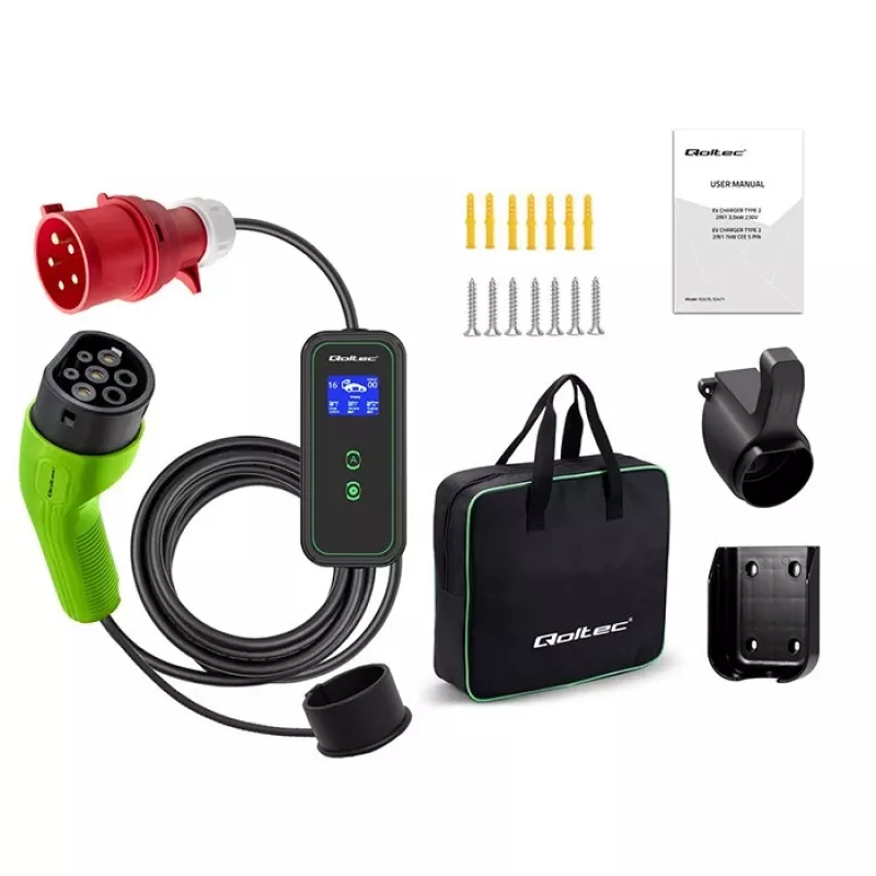 Caricabatterie mobile EV Qoltec regolabile 2in1 Type2 | 7kW | 230V | CEE 3 PIN | Wi-Fi | LCD | portatile | wallbox | 5m
