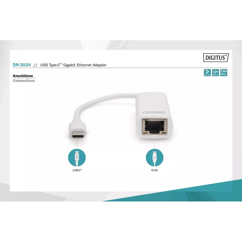 Adattatore Digitus DN-3024 USB 3.0 20 cm 1x USB-C a 1x RJ45 schermato