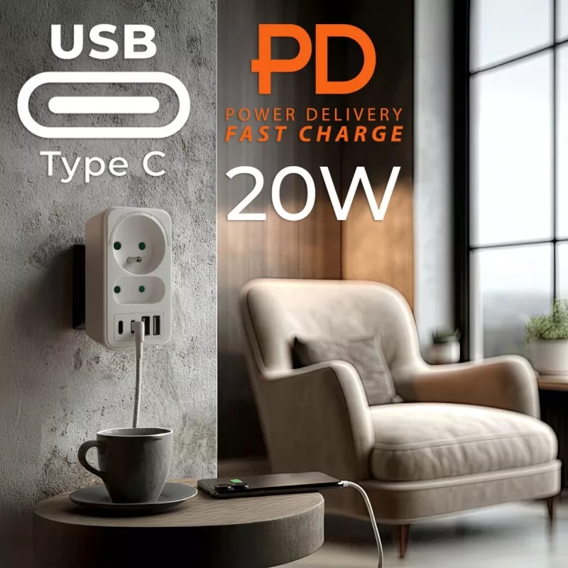 Power splitter MACLEAN MCE249 F/W – 2 prese di rete (16A + 6A) e 4 USB (2x A, 2x C PD 20W)