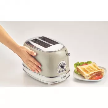 Tostapane Ariete 155 Design 2 fette con cestelli per sandwich, 6 livelli di doratura, 810 W, corpo in acciaio inox, cassetto raccoglibriciole estraibile, beige pastello