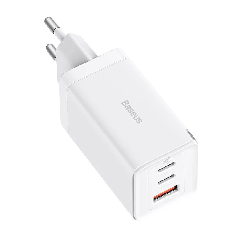 Caricabatterie da parete Baseus GaN5 Pro 65W — USB + 2×USB-C (QC3.0, PD3.0) con cavo USB-C 1m, bianco