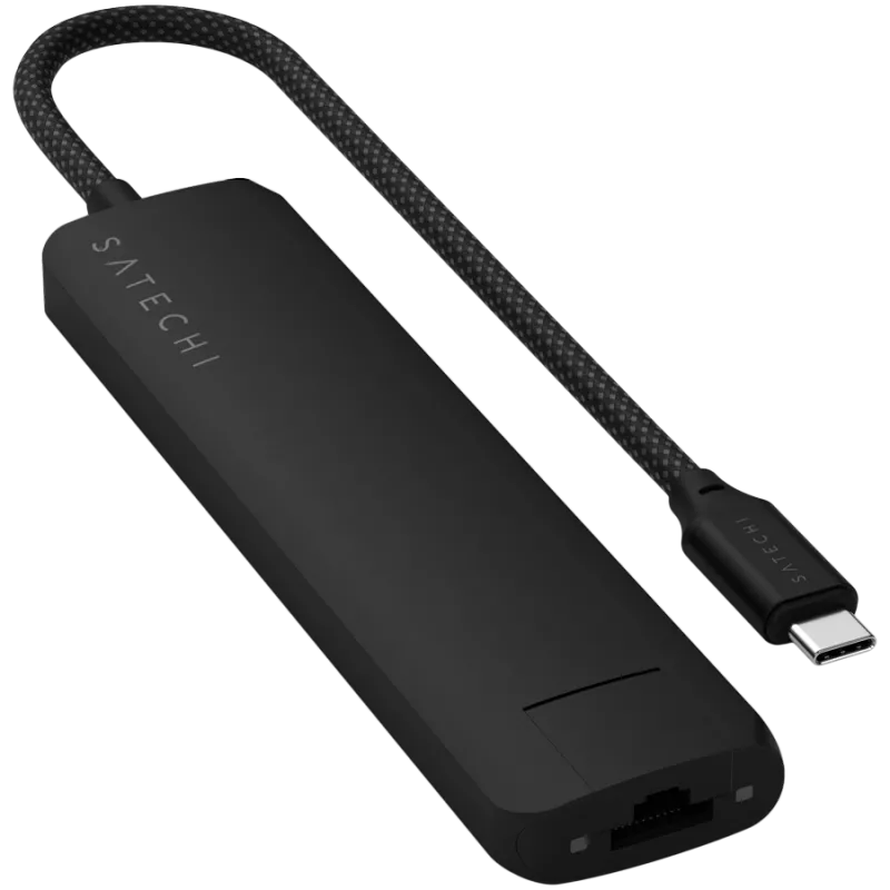 Adattatore multiporta slim 7-in-1 USB-C Satechi Ethernet (USB-C PD, 2x USB-A, HDMI 4K, Ethernet, lettore schede micro/SD) (nero)