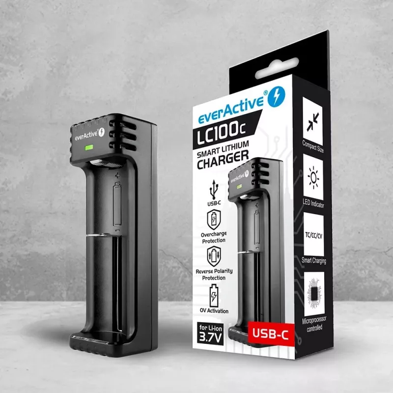 Caricabatterie everActive LC100C USB‑C per celle Li‑Ione, ingresso USB‑C, modello LC100C