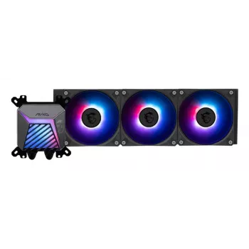 Dissipatore liquido all-in-one MSI MAG Coreliquid A15 360 — 3 ventole da 120 mm, radiatore 394 x 120 x 27 mm, pompa 5V, RGB, supporta LGA 1851