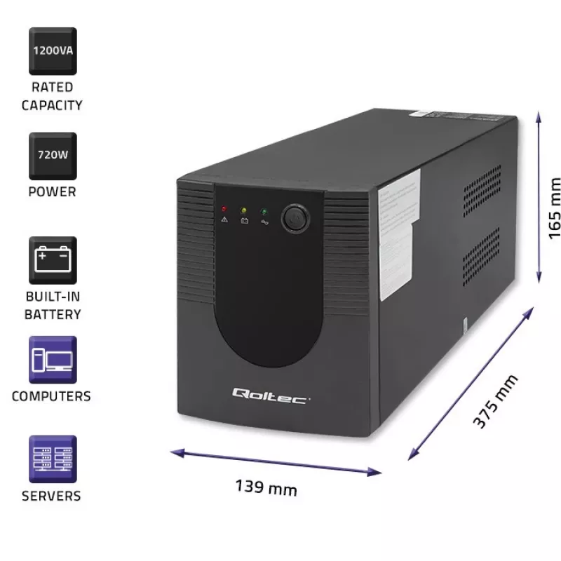 Qoltec Monolith 53775 gruppo di continuità UPS Line-Interactive, 1200 VA (1,2 kVA) / 720 W, AVR, 4 prese AC, nero