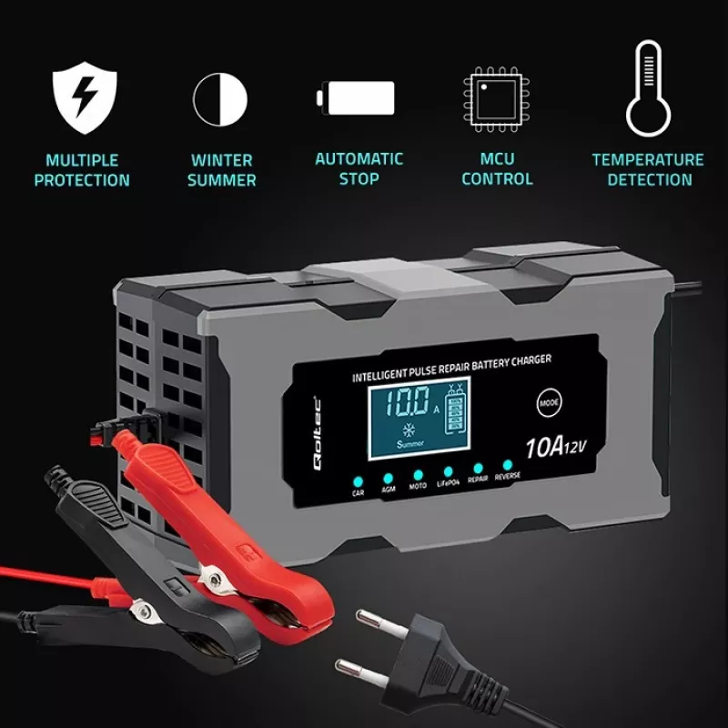 Caricabatterie QOLTEC 52493 12V 10A con funzione di riparazione per batterie AGM