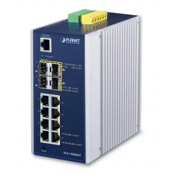 PLANET IGS-12040MT - Switch - Managed - 8 x 10/100/1000 + 4 x Gigabit SFP - montaggio su guida DIN, montaggio a parete - AC 24 V / DC 12 -72 V (IGS-12040MT)