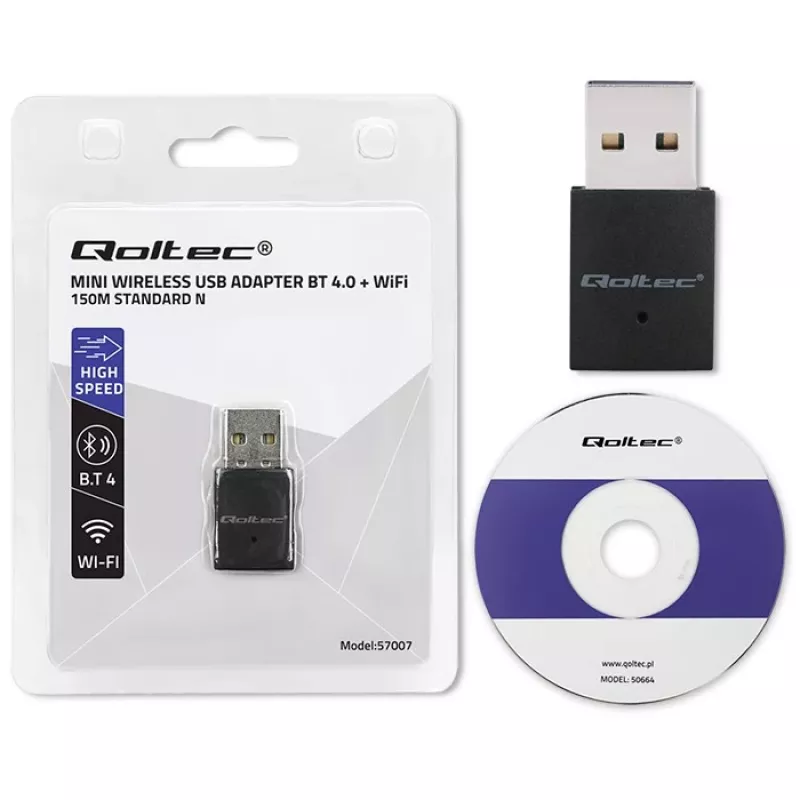 Adattatore mini USB Wi-Fi wireless compatto QOLTEC 57007 – Single-Band 2,4 GHz, fino a 150 Mbit/s, antenna interna