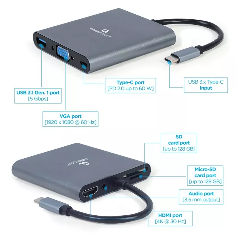 Gembird A-CM-COMBO6-01 adattatore multiporta USB-C 6-in-1, USB 3.1 Gen 1, HDMI 4K, VGA, PD 60 W, lettore SD/microSD, audio da 3,5 mm, grigio