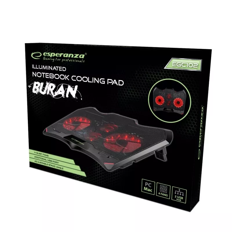 Esperanza EGC102 Buran base di raffreddamento gaming per laptop, 2000 giri/min, nera