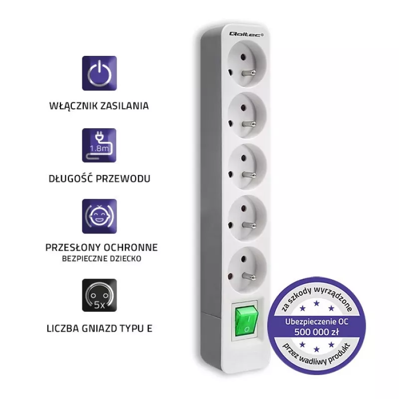 Qoltec 50290 ciabatta elettrica 1,8 m 5 prese AC per interni bianco