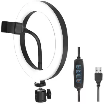 LogiLink AA0151 Ring light LED per smartphone, Ø 200 mm, 3 modalità colore, dimmerabile, filettatura treppiede 1/4 di pollice, con supporto per smartphone, USB, cavo 1,8 m, nero
