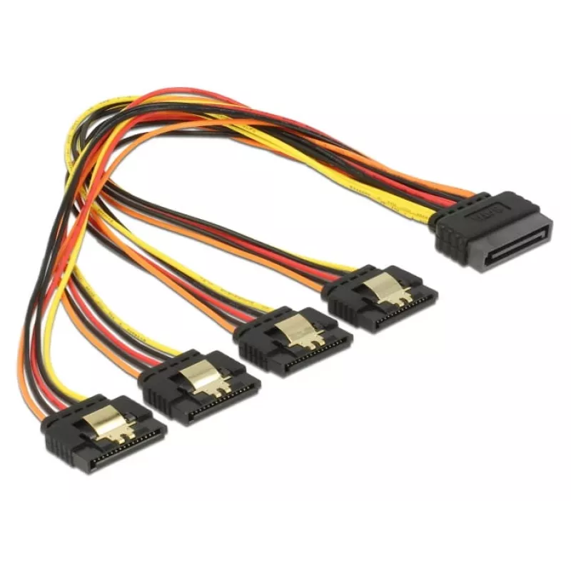 Delock 60157 cavo di prolunga di alimentazione SATA, SATA 15 pin (M) con aggancio a 4x SATA 15 pin (F), 0,3 m, nero/giallo/rosso/arancione