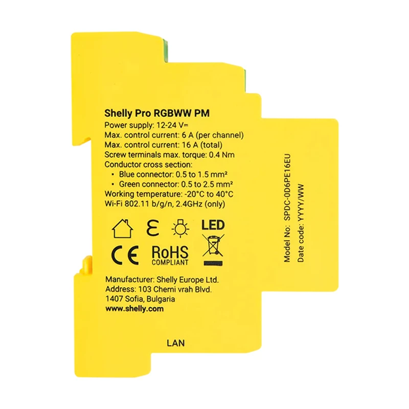 Shelly RGBWW Pro controllo luce a 5 canali per guida DIN Wi-Fi