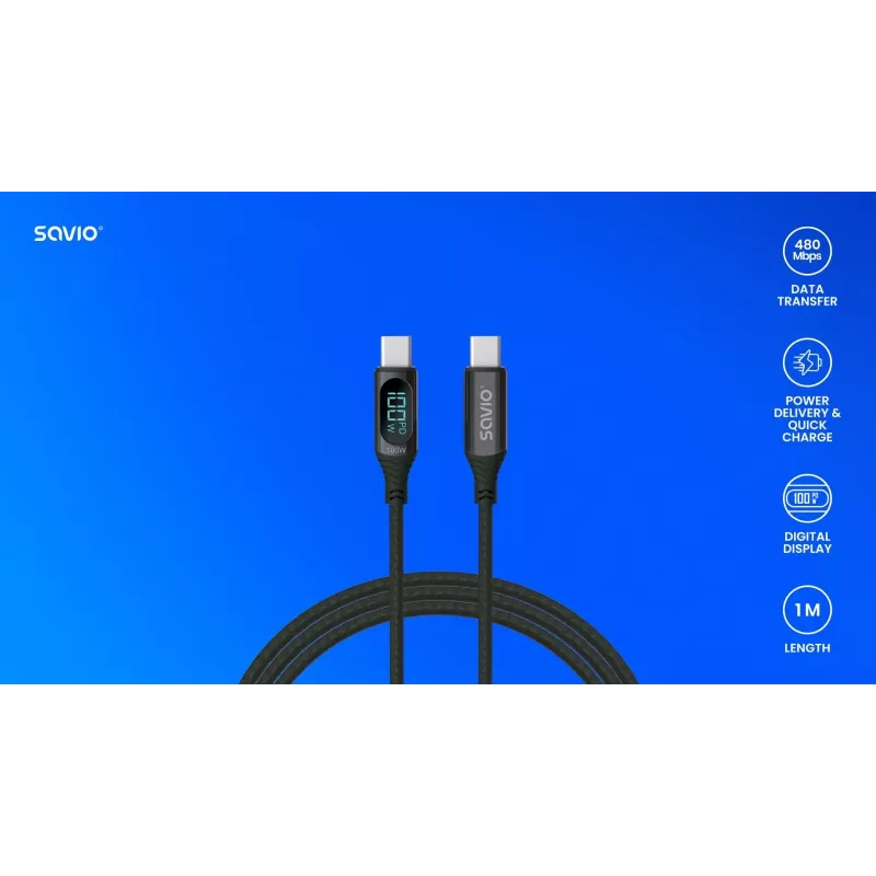 Savio CL-174 cavo USB-C - USB-C, 100 W, Power Delivery/Quick Charge, display digitale, 1 m, verde