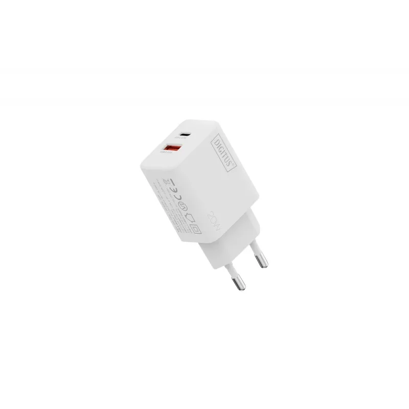 Caricabatterie USB AC DIGITUS 20W, 1x USB-C, 1x USB-A, ingresso 100–240V, bianco