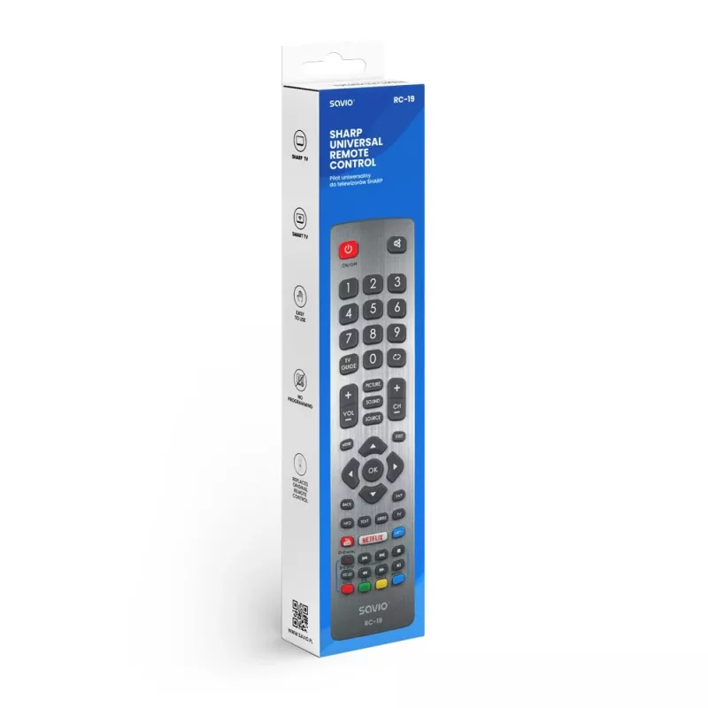 Telecomando universale SAVIO RC-19 per Sharp, 47 tasti, grigio, portata 10 m, custodia in plastica