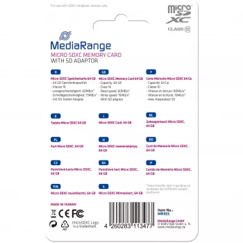 Scheda di memoria MediaRange 64GB MicroSDXC Class 10 MR955