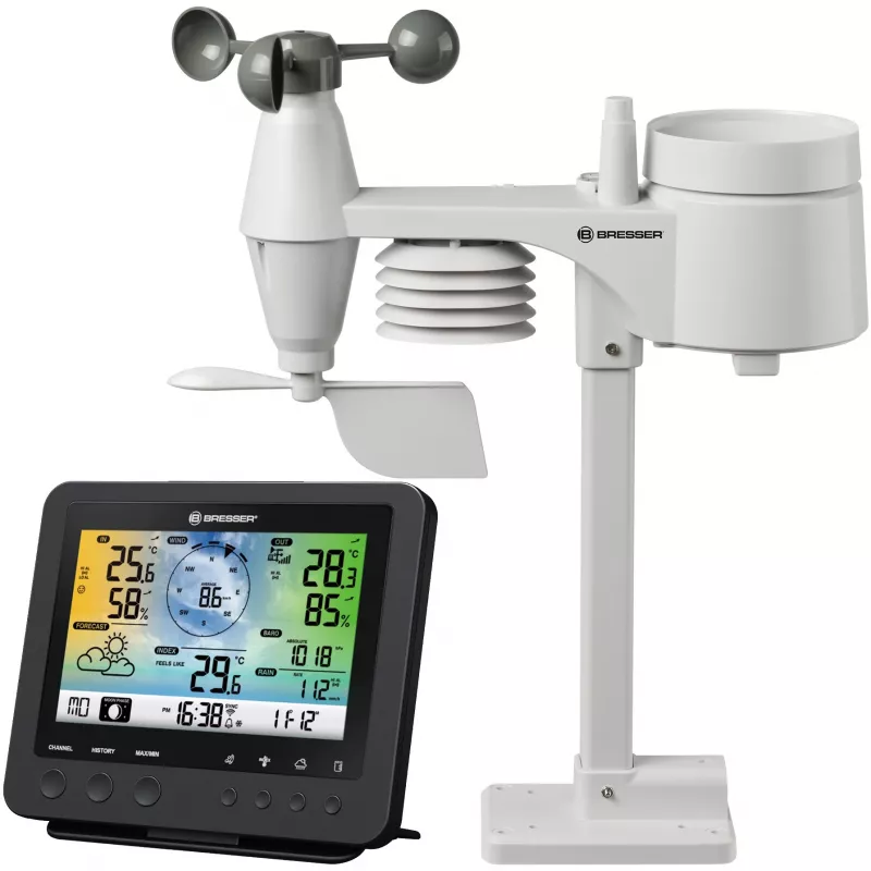 Bresser 7002580 Weather Center 5-in-1 stazione meteo digitale Wi-Fi con sensore professionale, display da 5,7″, alimentazione di rete, nera