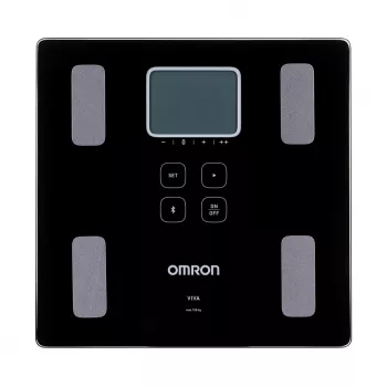 Bilancia pesapersone elettronica Omron VIVA – quadrata, nera, max 150 kg, precisione 100 g, massa grassa/BMI/BMR, memoria 30 utenti