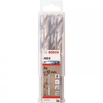 Set di punte Bosch HSS-G 12 mm, 5 pezzi, lunghezza di lavoro 101 mm