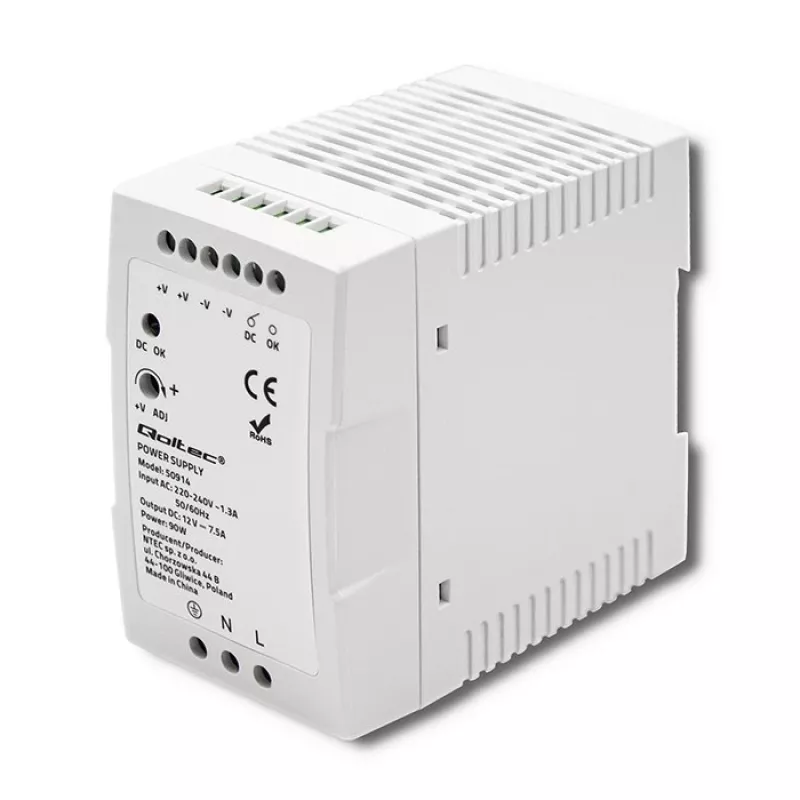Qoltec 50914 Alimentatore per guida DIN | 90W | 12V | 7,5A | bianco | sottile