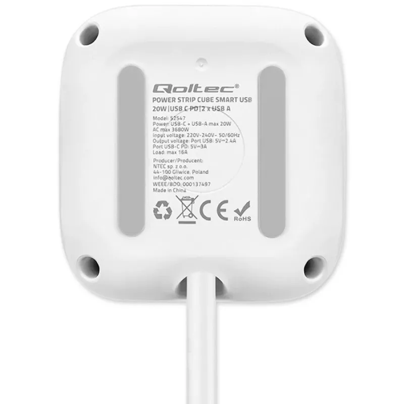 Power Cube QOLTEC 52547 ciabatta 3×prese AC, 2×USB-A, 1×USB-C PD 20W