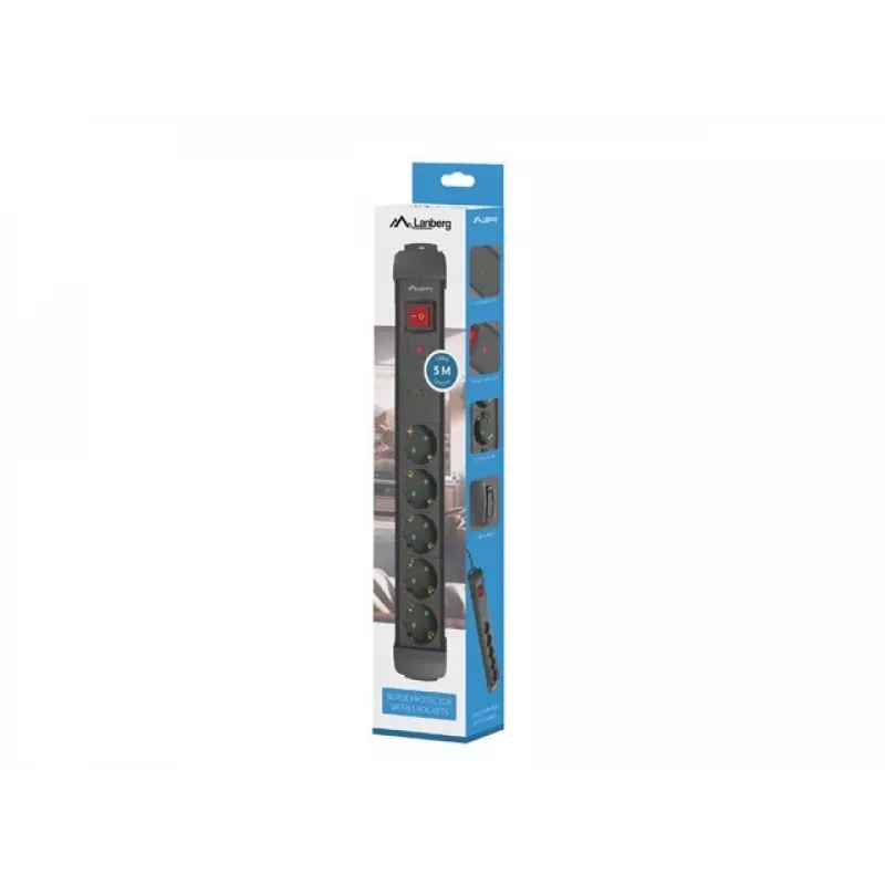 Prolunga Lanberg SP1-05F-0500-BK 5m 5 prese con contatto di terra per interni nero